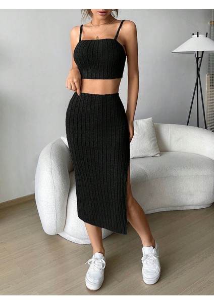 Kadın Kolsuz Askılı Crop Yırtmaçlı Midi Etek Fitilli Kaşkorse Takım