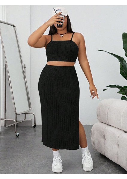 Kadın Kolsuz Askılı Crop Yırtmaçlı Midi Etek Fitilli Kaşkorse Takım