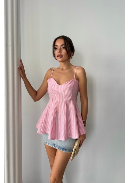Çizgili Gofre Askılı Pens Detaylı Bluz - Pembe fırsatları