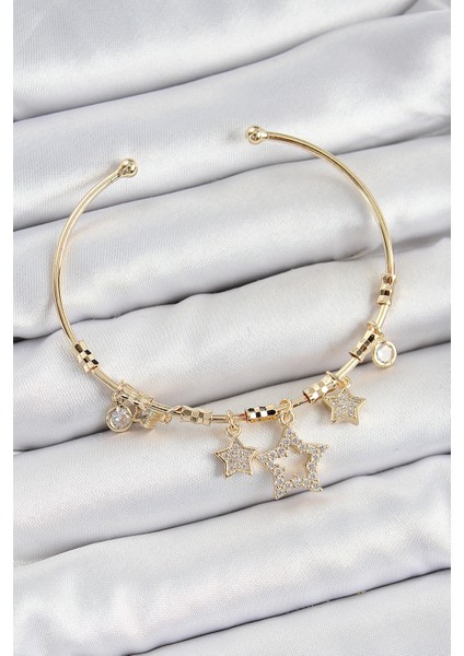 Pirinç Zirkon Taşlı Yıldız Model Gold Renk Charm Bileklik