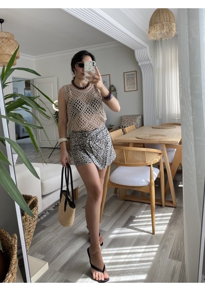 Kadın Askılı Yuvarlak Yaka Geometrik Desenli Triko Bluz modelleri