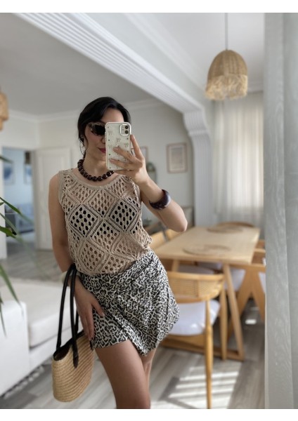 Kadın Askılı Yuvarlak Yaka Geometrik Desenli Triko Bluz