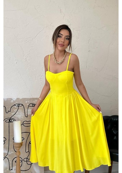 Sarı Göğüs Kuplu Uzun Büzgülü Elbise fiyatları