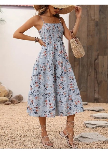 Kadın Ip Askılı Geniş V Yakalı Desenli Uzun Süprem Elbise fiyatları