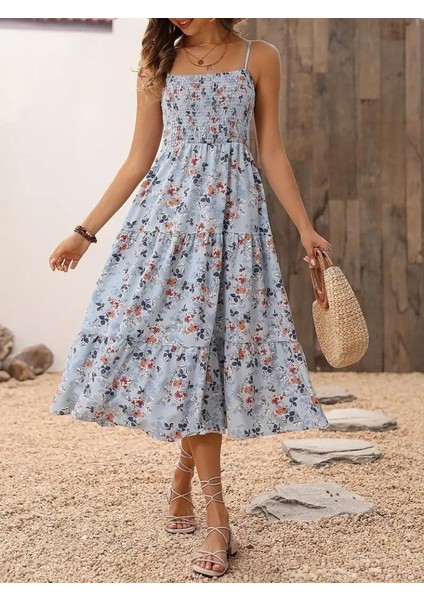 Kadın Ip Askılı Geniş V Yakalı Desenli Uzun Süprem Elbise