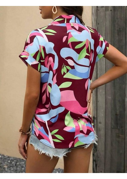 Kadın Moss Krep Kumaş Kısa Kol Çiçek Desenli Gömlek