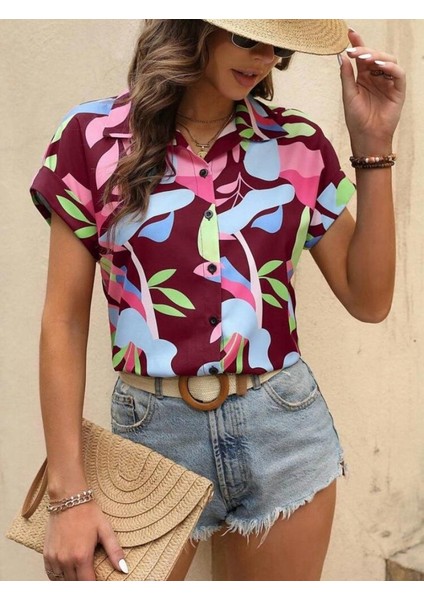 Kadın Moss Krep Kumaş Kısa Kol Çiçek Desenli Gömlek fiyatları