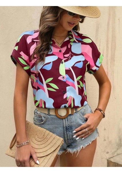 Kadın Moss Krep Kumaş Kısa Kol Çiçek Desenli Gömlek indirimleri