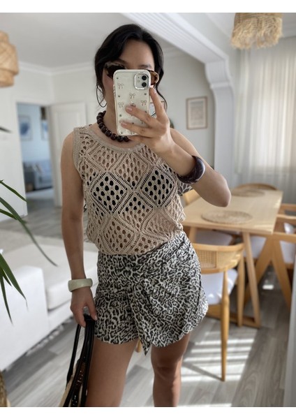 Kadın Askılı Yuvarlak Yaka Geometrik Desenli Triko Bluz