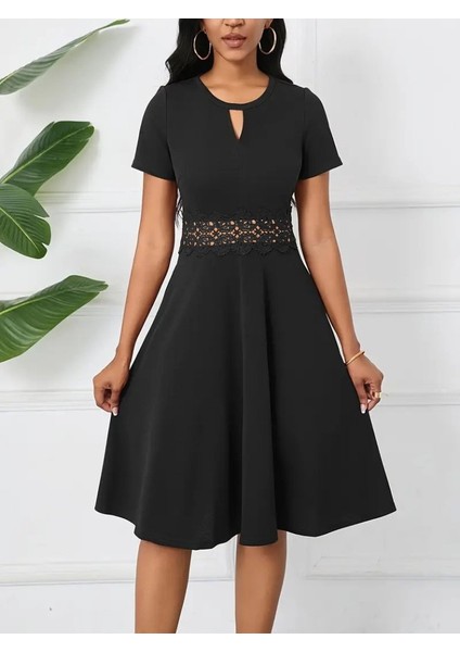 Kadın Kısa Kollu Yuvarlak Yaka Damla Detaylı Janjan Elbise