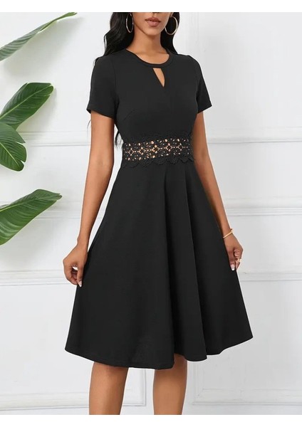 Kadın Kısa Kollu Yuvarlak Yaka Damla Detaylı Janjan Elbise modelleri