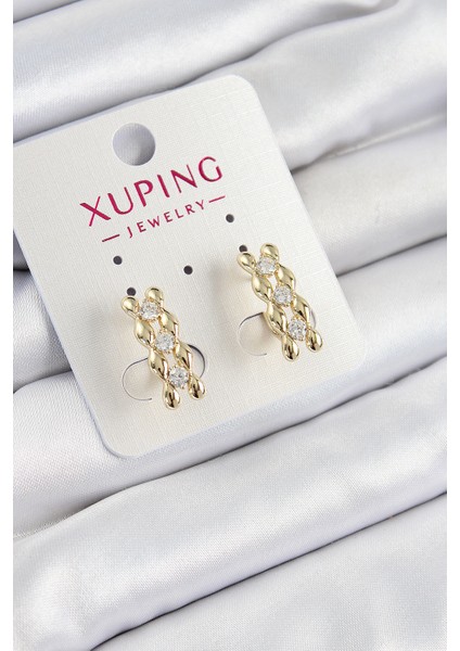 Xuping Zirkon Taşlı Sıralı Damla Model Gold Renk Kadın Küpe