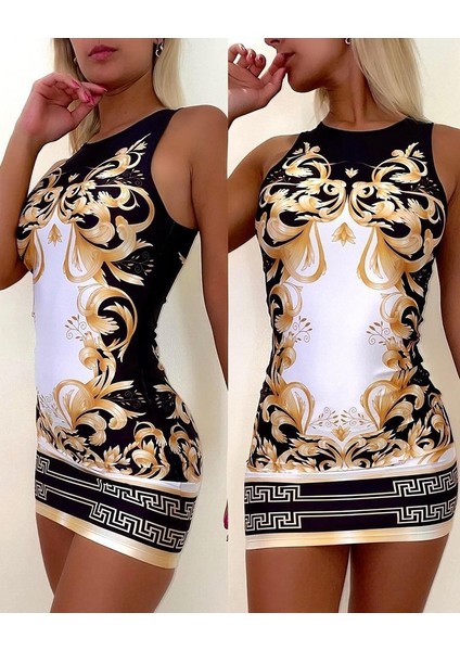 Miracotton Kadın Sıfır Kollu Bisiklet Yaka Dijital Baskı Dalgıç Mini Elbise