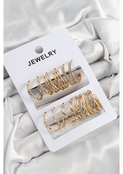 Pirinç Karışık Halka Model Gold Renk 6 Çift Kadın Küpe Set