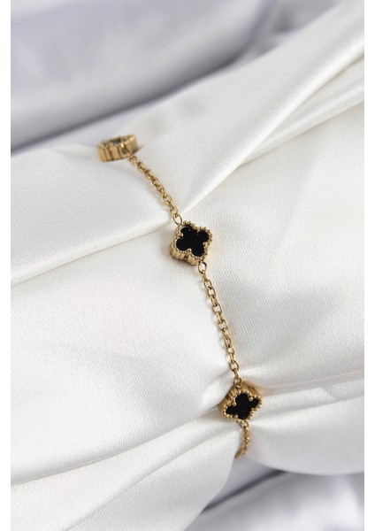 Erb 316L Çelik Siyah Sedef Yonca Model Gold Renk Kadın Bileklik