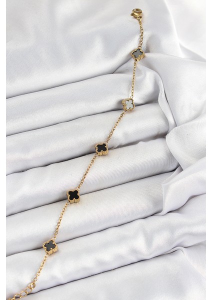 Erb 316L Çelik Siyah Sedef Yonca Model Gold Renk Kadın Bileklik fiyatları