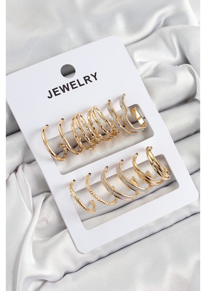 Pirinç Karışık Halka Model Gold Renk 6 Çift Kadın Küpe Set