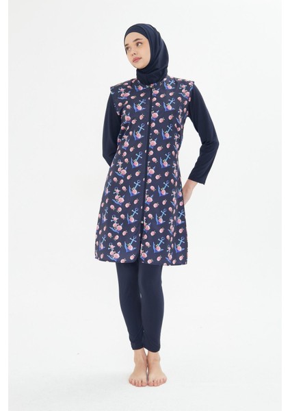 5 Parça Tam Kapalı Tesettür Mayo – Desenli Fermuarlı Jileli Üst Takım Lacivert-M