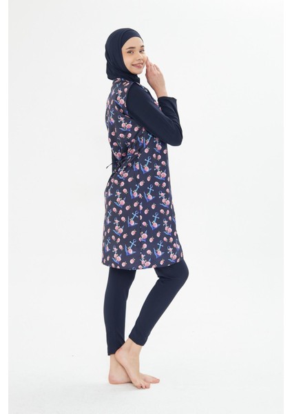 5 Parça Tam Kapalı Tesettür Mayo – Desenli Fermuarlı Jileli Üst Takım Lacivert-M fiyatları