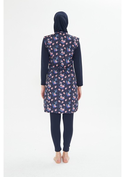 5 Parça Tam Kapalı Tesettür Mayo – Desenli Fermuarlı Jileli Üst Takım Lacivert-M modelleri