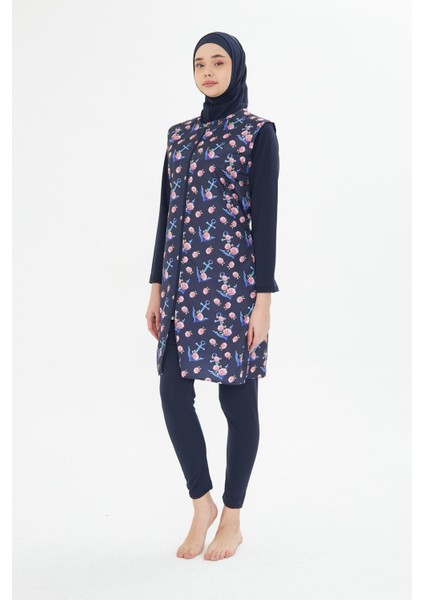5 Parça Tam Kapalı Tesettür Mayo – Desenli Fermuarlı Jileli Üst Takım Lacivert-M fırsatları
