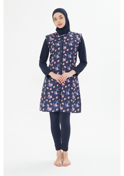 5 Parça Tam Kapalı Tesettür Mayo – Desenli Fermuarlı Jileli Üst Takım Lacivert-M indirimleri