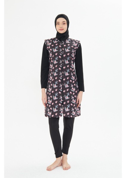 5 Parça Tam Kapalı Tesettür Mayo – Desenli Fermuarlı Jileli Üst Takım Siyah-L