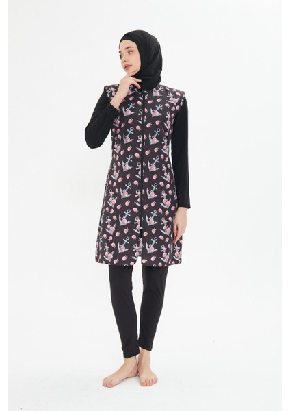 5 Parça Tam Kapalı Tesettür Mayo – Desenli Fermuarlı Jileli Üst Takım Siyah-L fiyatları