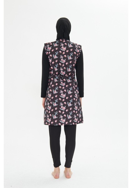 5 Parça Tam Kapalı Tesettür Mayo – Desenli Fermuarlı Jileli Üst Takım Siyah-L fırsatları