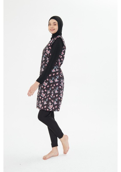 5 Parça Tam Kapalı Tesettür Mayo – Desenli Fermuarlı Jileli Üst Takım Siyah-L indirimleri