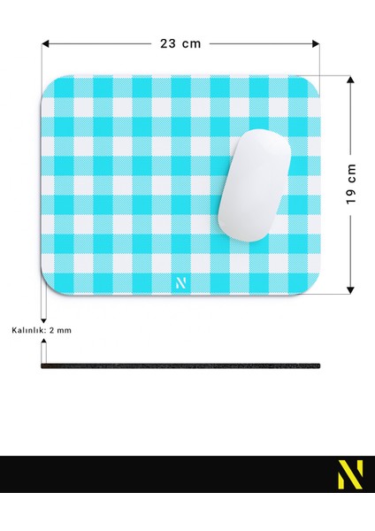 Turkuaz Ekose Pötikare Desenli Ergonomik Mouse Pad - 23 x 19 cm - Kaymaz Taban Ev ve Ofis Kullanımı Fare Altlığı Mousepad