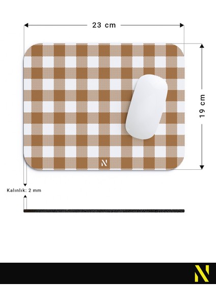 Kahverengi Ekose Pötikare Desenli Ergonomik Mouse Pad - 23 x 19 cm - Kaymaz Taban Ev ve Ofis Kullanımı Fare Altlığı Mousepad