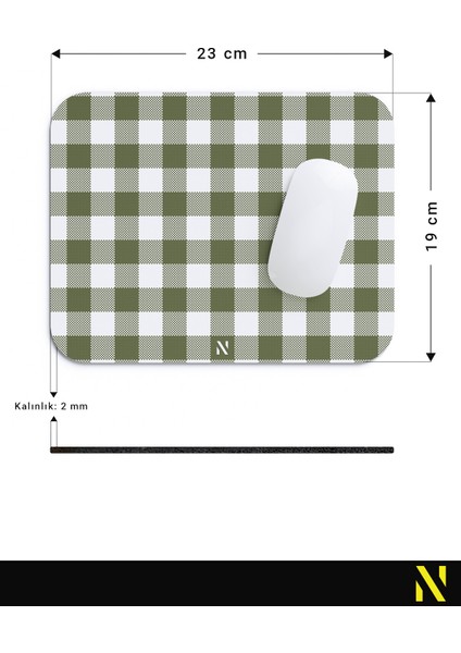 Haki Ekose Pötikare Desenli Ergonomik Mouse Pad - 23 x 19 cm - Kaymaz Taban Ev ve Ofis Kullanımı Fare Altlığı Mousepad