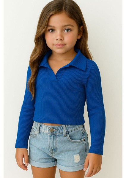 Dik Yaka Detaylı Kız Çocuk crop - Koyu Mavi