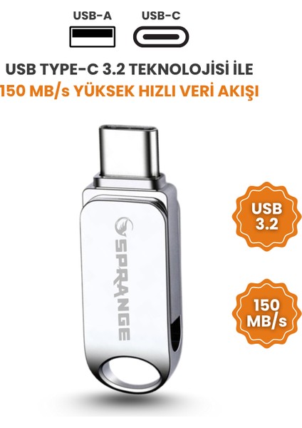 64 GB Flash Bellek USB 3.2 Ultra Dual Typec Otg Android Ios Pc ve Cep Telefon Uyumlu Tak Çalıştır