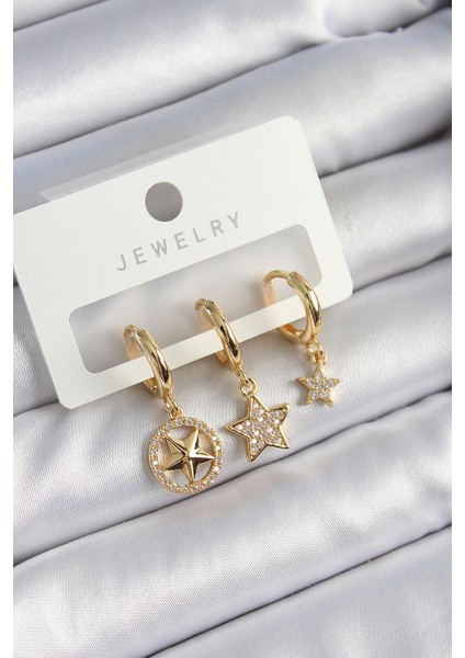 Pirinç Zirkon Taşlı Yıldız Model Gold Renk 3'lü Çift Kadın Küpe Set