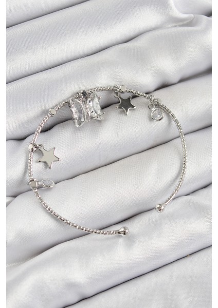 Pirinç Zirkon Taşlı Kelebek ve Yıldız Model Gümüş Renk Charm Bileklik