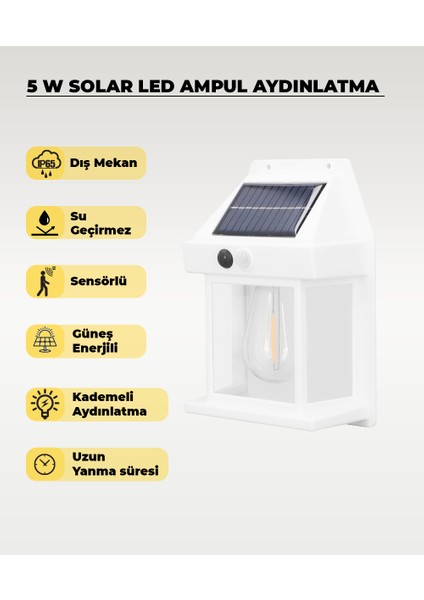 Beyaz 5W Solar / Güneş Enerjili LED Ampullü Duvar Fener Aplik 3200K - Sarı Işık