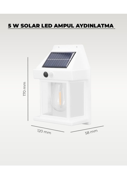 Beyaz 5W Solar / Güneş Enerjili LED Ampullü Duvar Fener Aplik 3200K - Sarı Işık