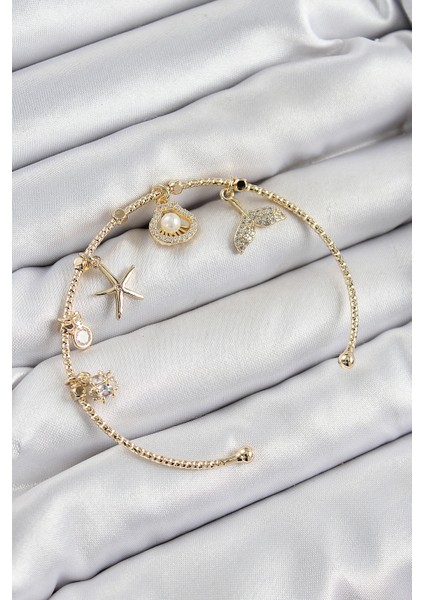 Pirinç Zirkon Taşlı Istiridye ve Deniz Yıldızı Model Gold Renk Charm Bileklik
