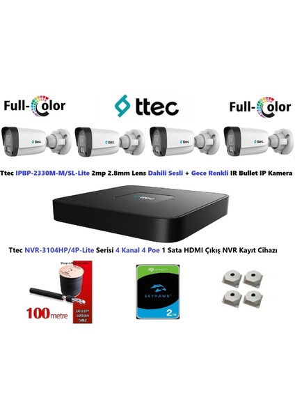 Nif Bilişim Ttec 2mp Dahili Sesli ve Gece Renkli 4 Kameralı 2tb Disk Tak Çalıştır Hazır Ip Kamera Seti