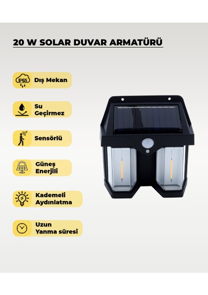 20W Sensörlü Solar Aplik 3200K (Sarı Işık)