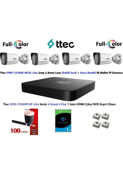 Nif Bilişim Ttec 2mp Dahili Sesli ve Gece Renkli 4 Kameralı 1tb Disk Tak Çalıştır Hazır Ip Kamera Seti