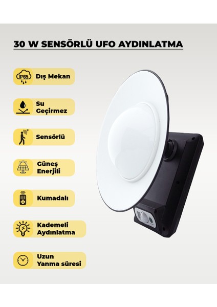 30W Solar / Güneş Enerjili Ufo Sensörlü ve Kumandalı Bahçe Armatürü 6500K - Beyaz Işık
