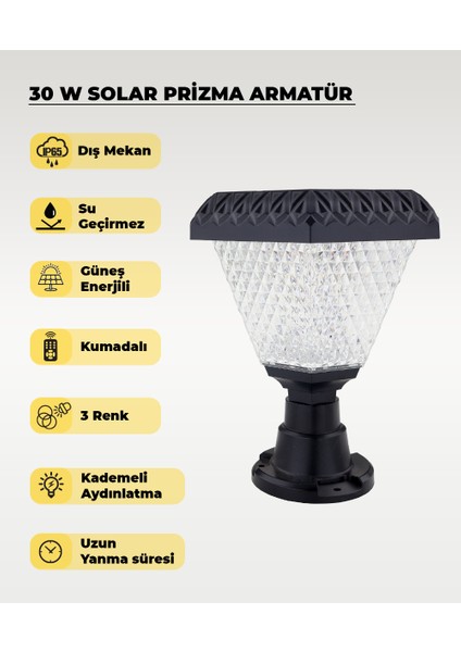 30W Solar Kristal Bahçe Aydınlatması 3 Renk Işık - Kumandalı