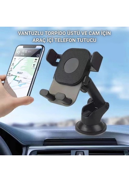 Vantuzlu Torpido Üstü ve Cam Için Araç Içi Telefon Tutucu, Teleskopik Ayarlanabilir Döner Başlık