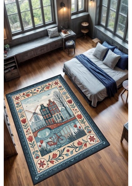 Şehirlerde Amsterdam Temalı Dijital Baskılı Yıkanabilir Pamuk Tabanlı Şehir Temalı Halı