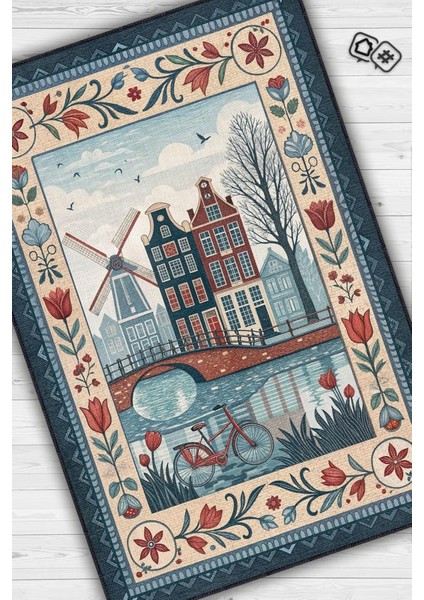 Şehirlerde Amsterdam Temalı Dijital Baskılı Yıkanabilir Pamuk Tabanlı Şehir Temalı Halı fiyatları