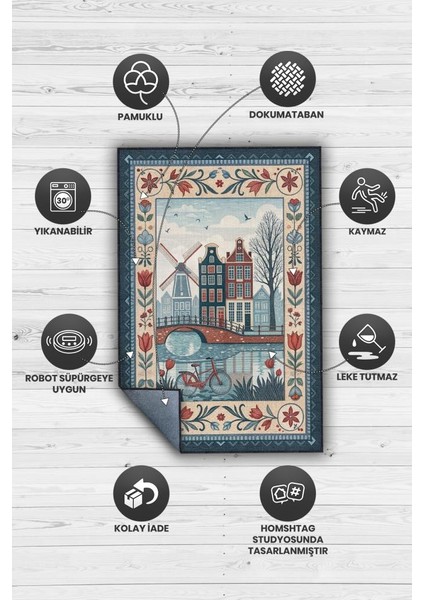 Şehirlerde Amsterdam Temalı Dijital Baskılı Yıkanabilir Pamuk Tabanlı Şehir Temalı Halı fırsatları
