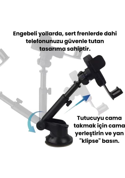 Vantuzlu Torpido Üstü ve Cam Için Araç Içi Telefon Tutucu, Teleskopik Ayarlanabilir Döner Başlık